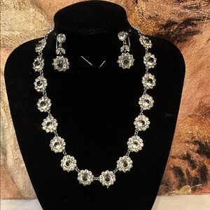 Antique Sterling Silver Faceted Glass Rhinestones Necklace Earring Set